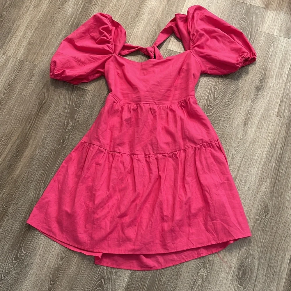 Hello Molly Best Weekend Pink Dress Tie Back Cutout Puff Sleeve Women 10 XL - Picture 8 of 9